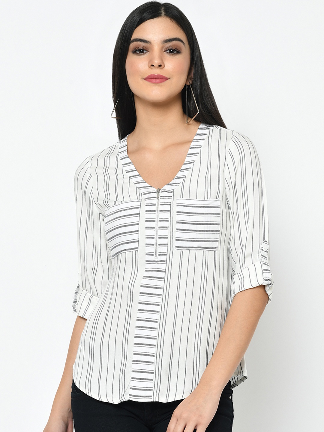 

Latin Quarters Women Off-White & Grey Striped Top