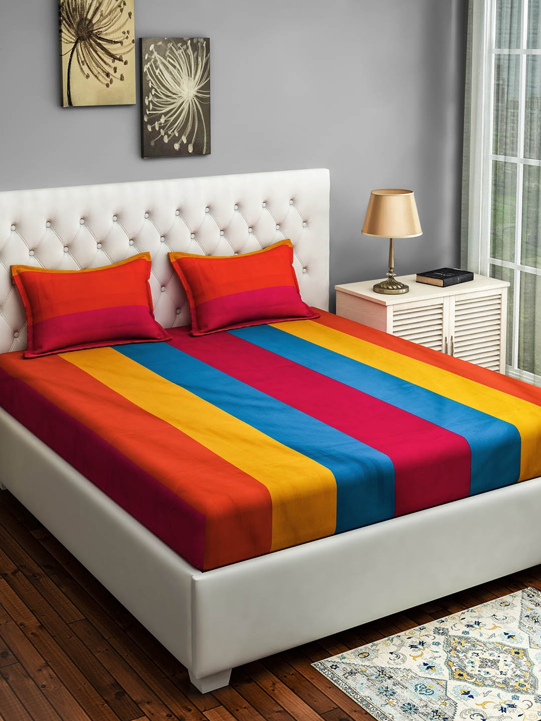 

SWAYAM Yellow & Blue Striped 180 TC Cotton 1 King Bedsheet with 2 Pillow Covers