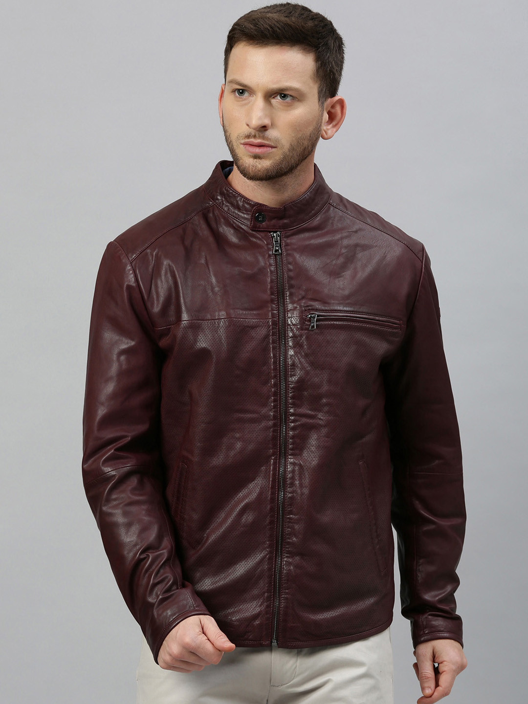 

RARE RABBIT Men Maroon Solid Insulator Leather Biker Jacket
