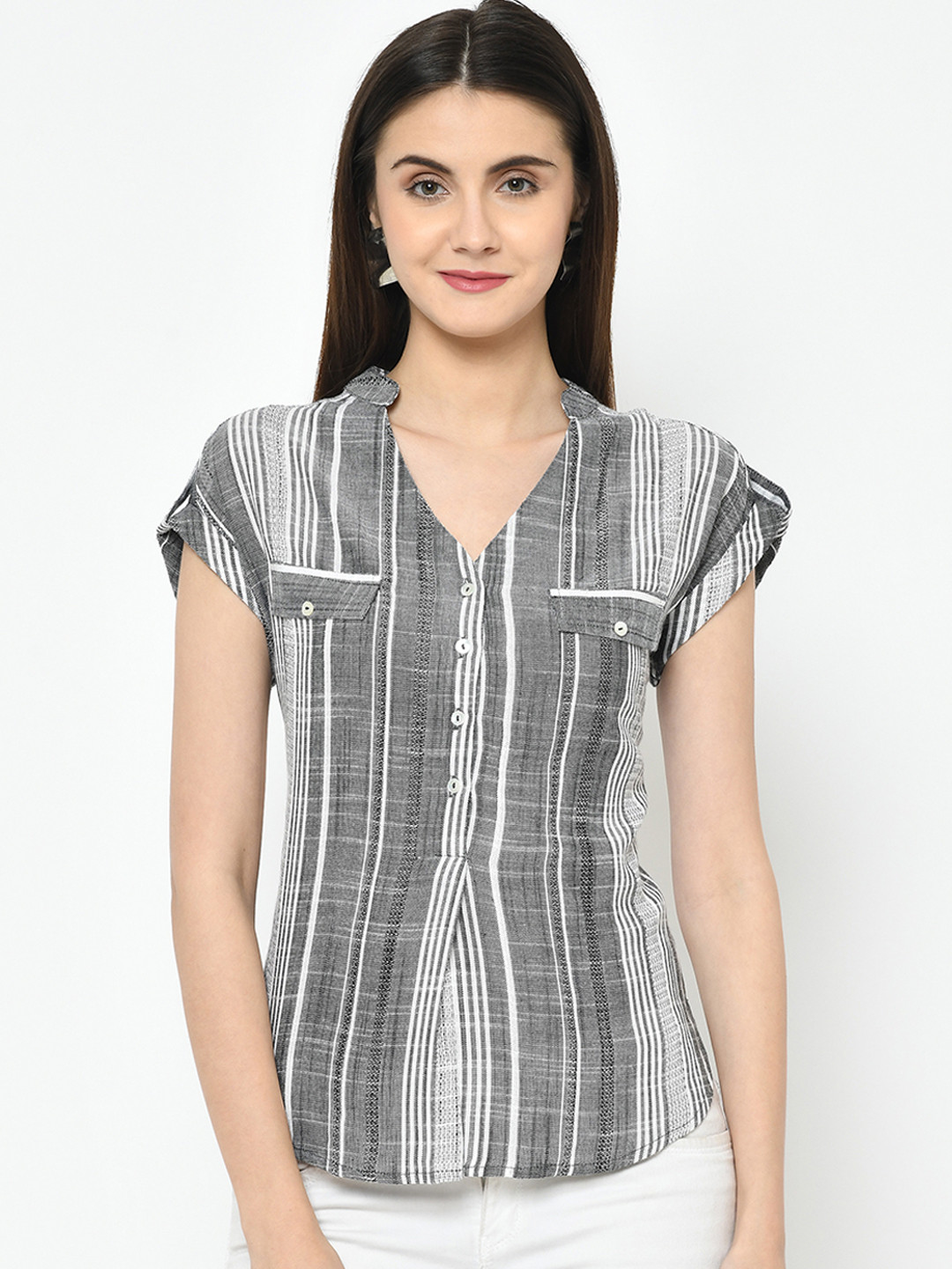 

Latin Quarters Women Grey & White Striped Top