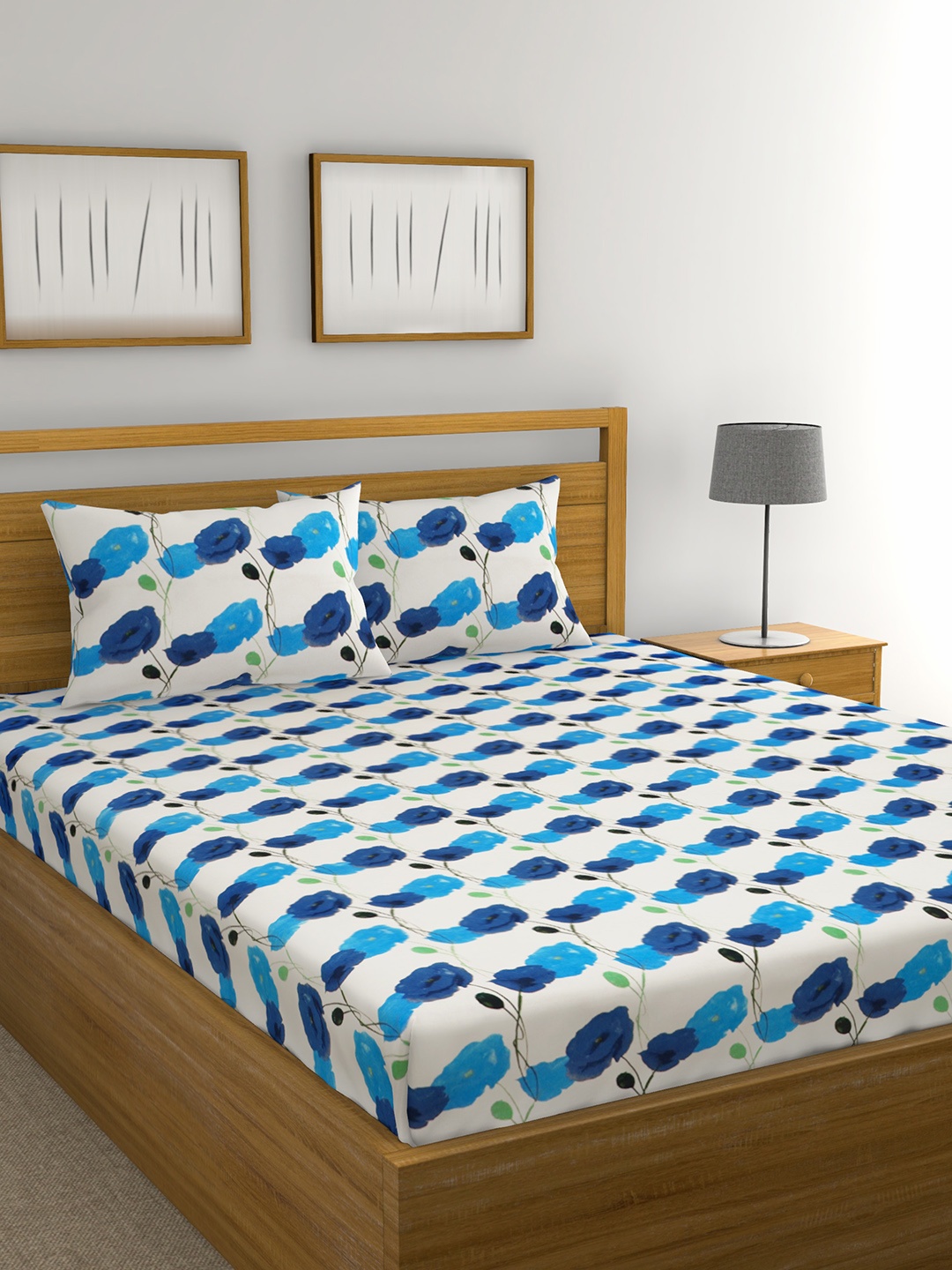 

Raymond Home White & Blue Floral 104 TC Cotton 1 Queen Bedsheet with 2 Pillow Covers