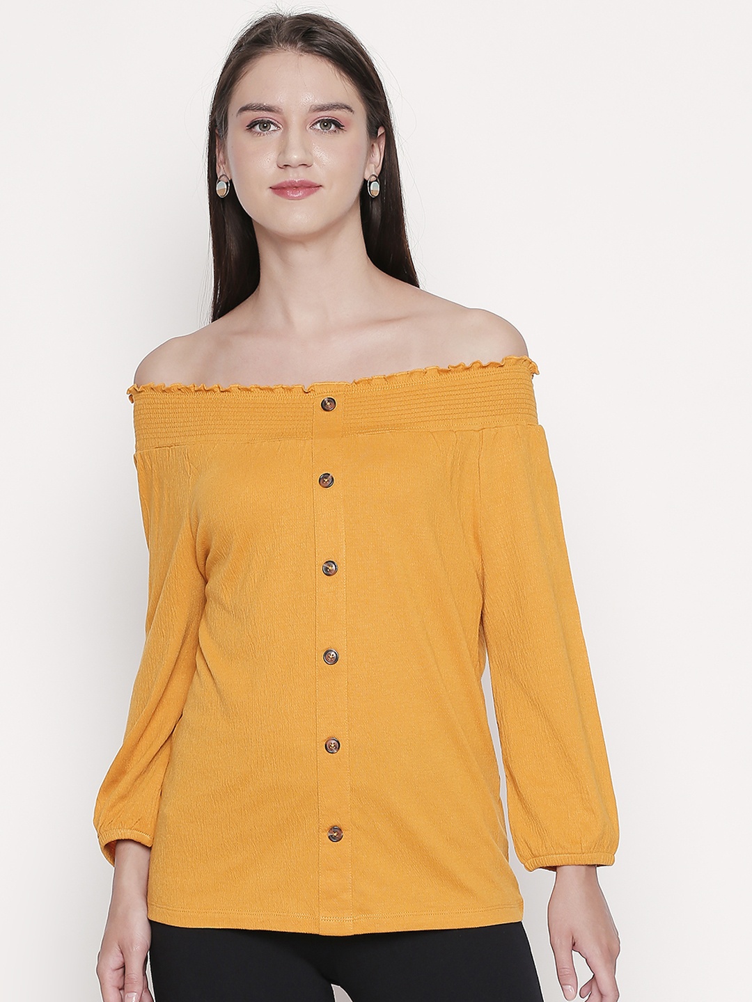 

Honey by Pantaloons Women Mustard Yellow Solid A-Line Top