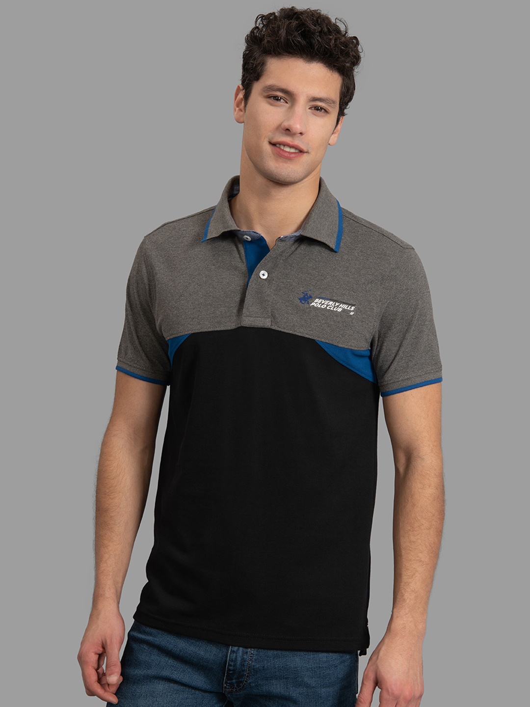 Beverly Hills Polo Club Men Black & Grey Colourblocked Polo Collar T-shirt