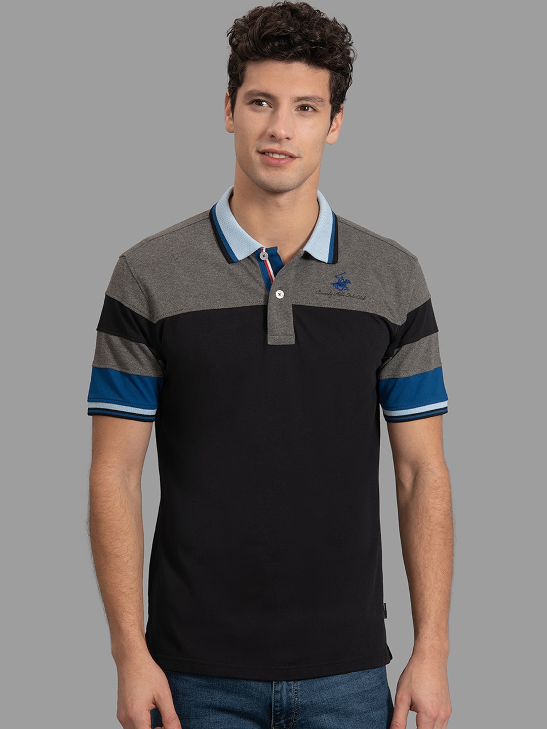 Beverly Hills Polo Club Men Black & Grey Colourblocked Polo Collar T-shirt