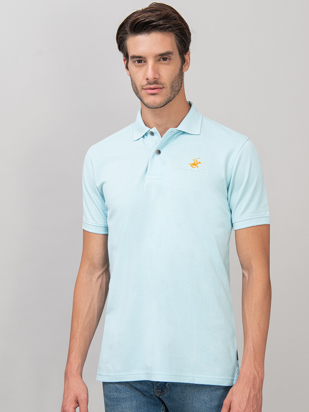 

Beverly Hills Polo Club Men Turquoise Blue Solid Polo Collar T-shirt