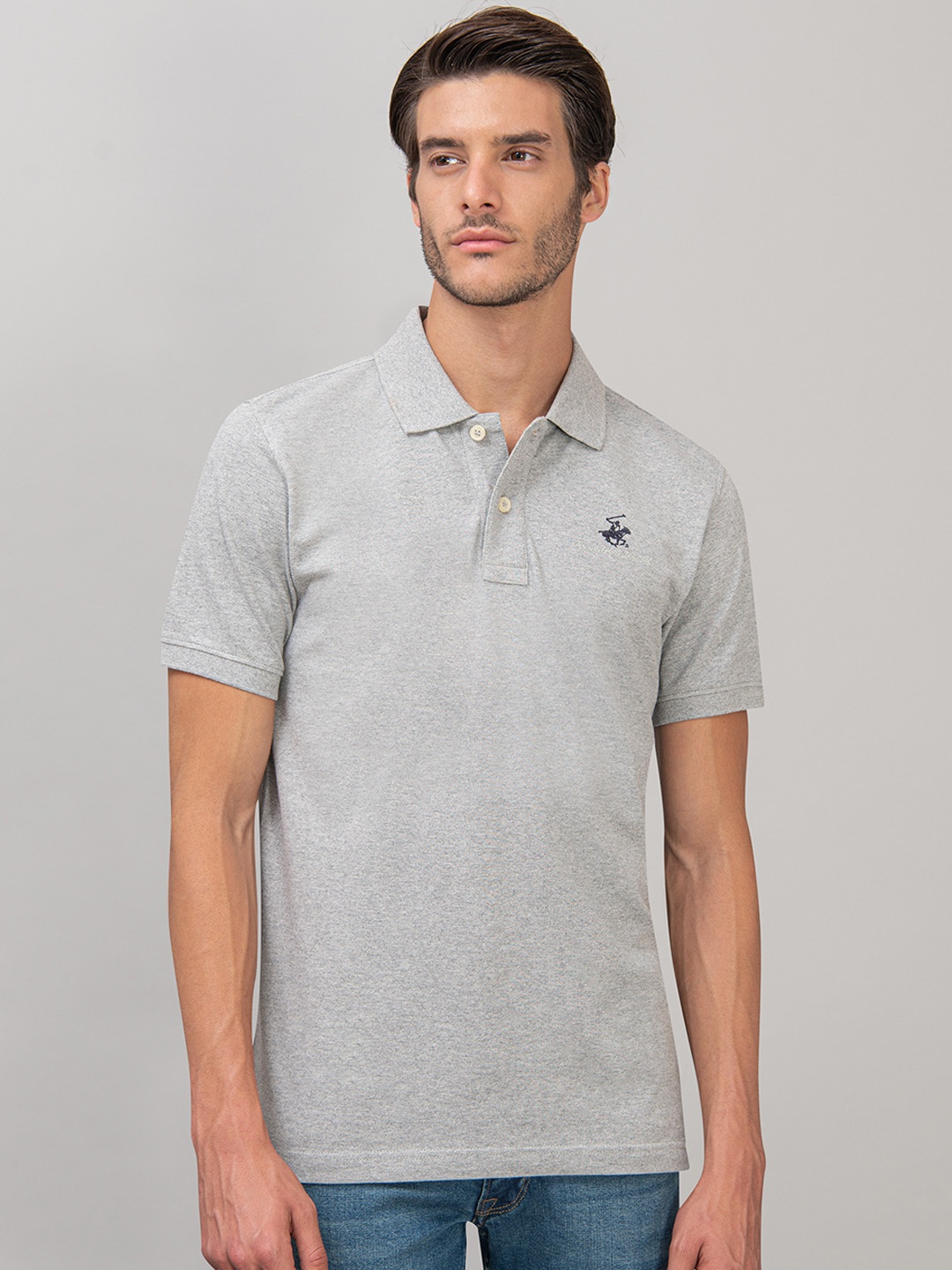 

Beverly Hills Polo Club Men Grey Solid Polo Collar T-shirt