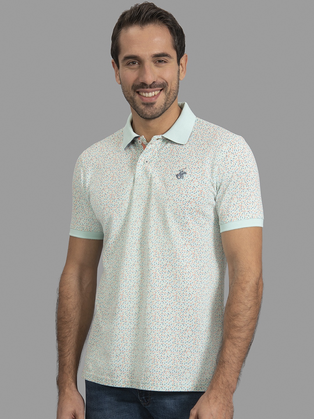 

Beverly Hills Polo Club Men Turquoise Blue Printed Polo Collar T-shirt