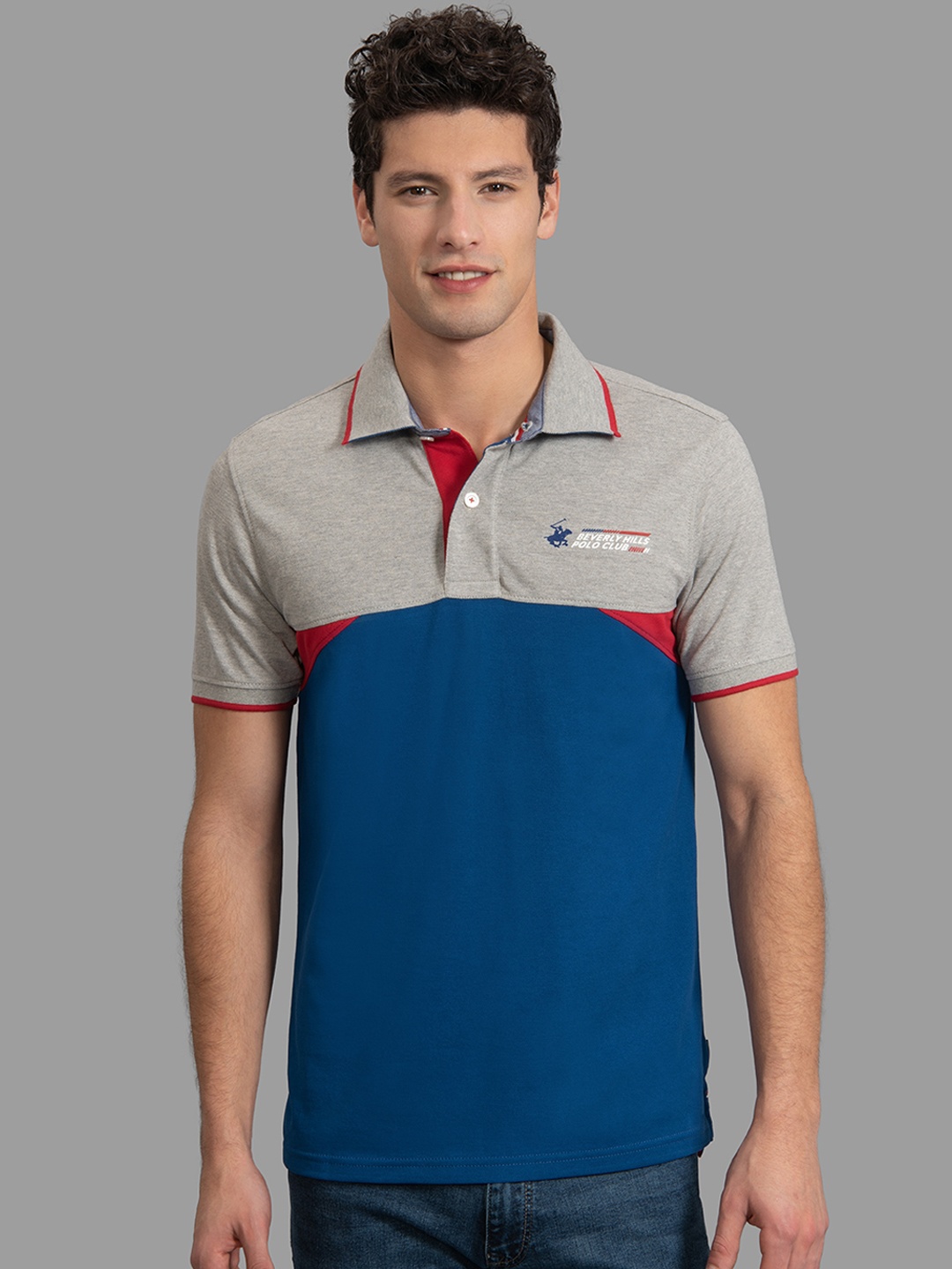 

Beverly Hills Polo Club Men Grey & Blue Colourblocked Polo Collar T-shirt
