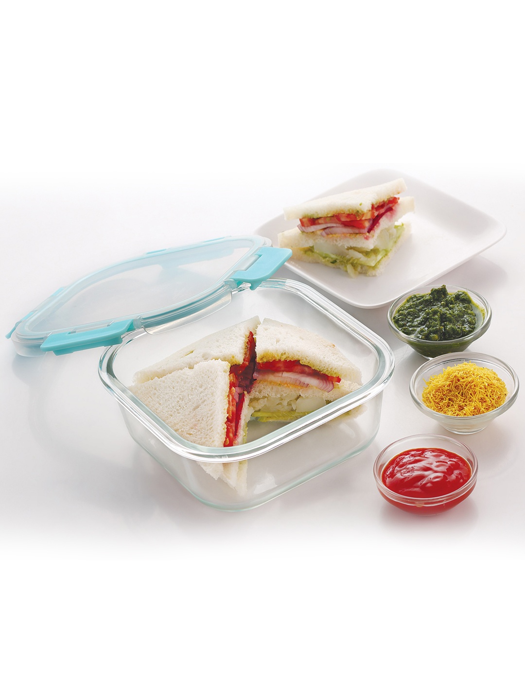

HAZEL Set Of 2 Transparent & Blue Borosilicate Glass Square Airtight & Leak Proof Transparent Containers