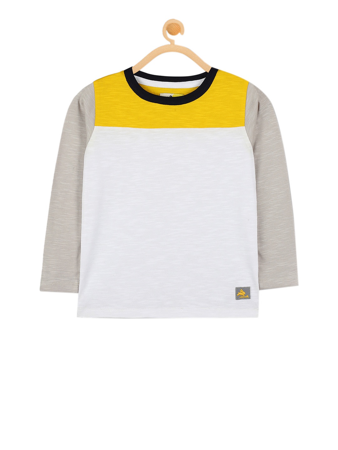

Cherry Crumble Unisex Kids White & Yellow Colourblocked Round Neck T-shirt