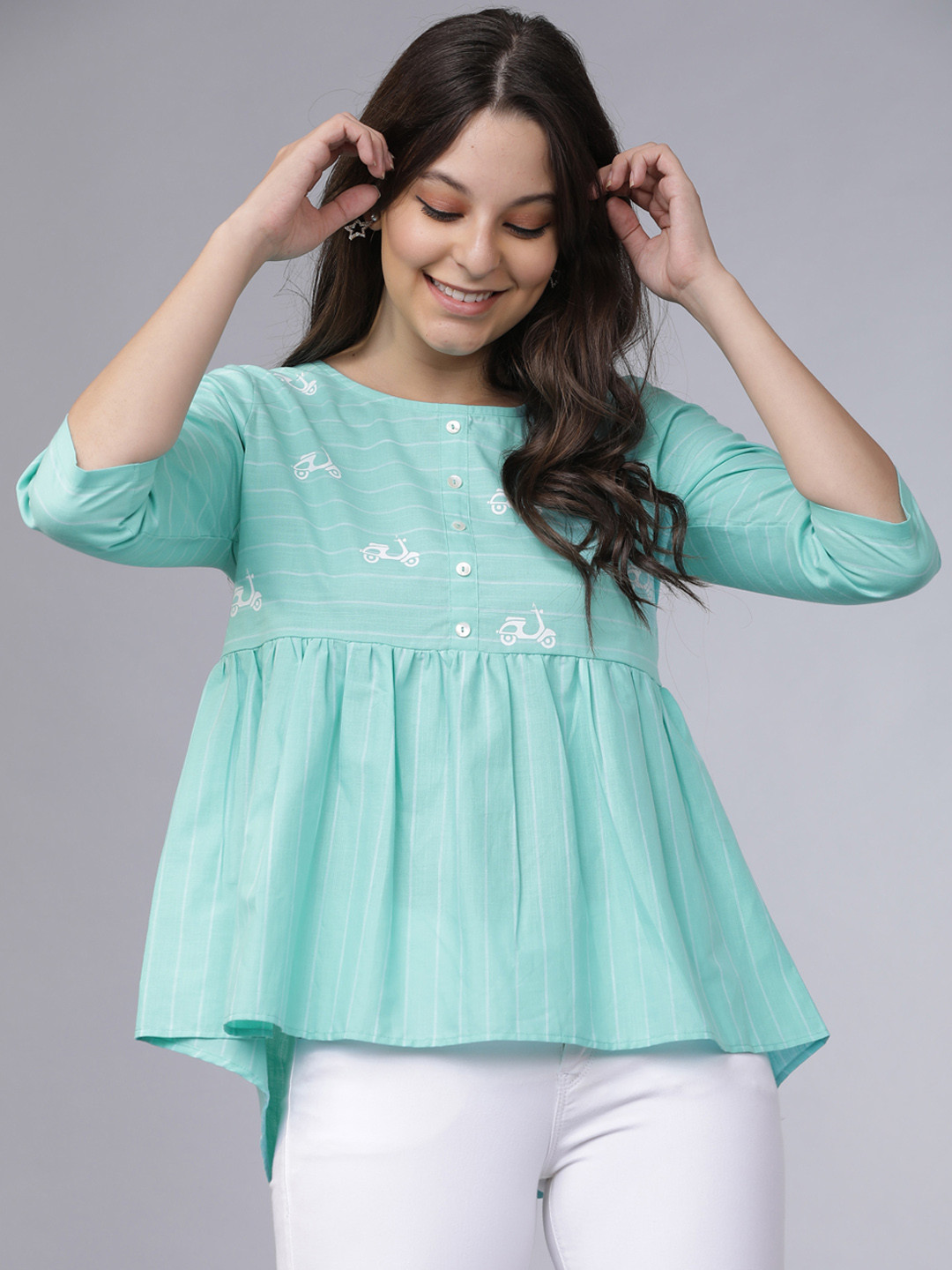 

Vishudh Women Sea Green Striped A-Line Pure Cotton Top