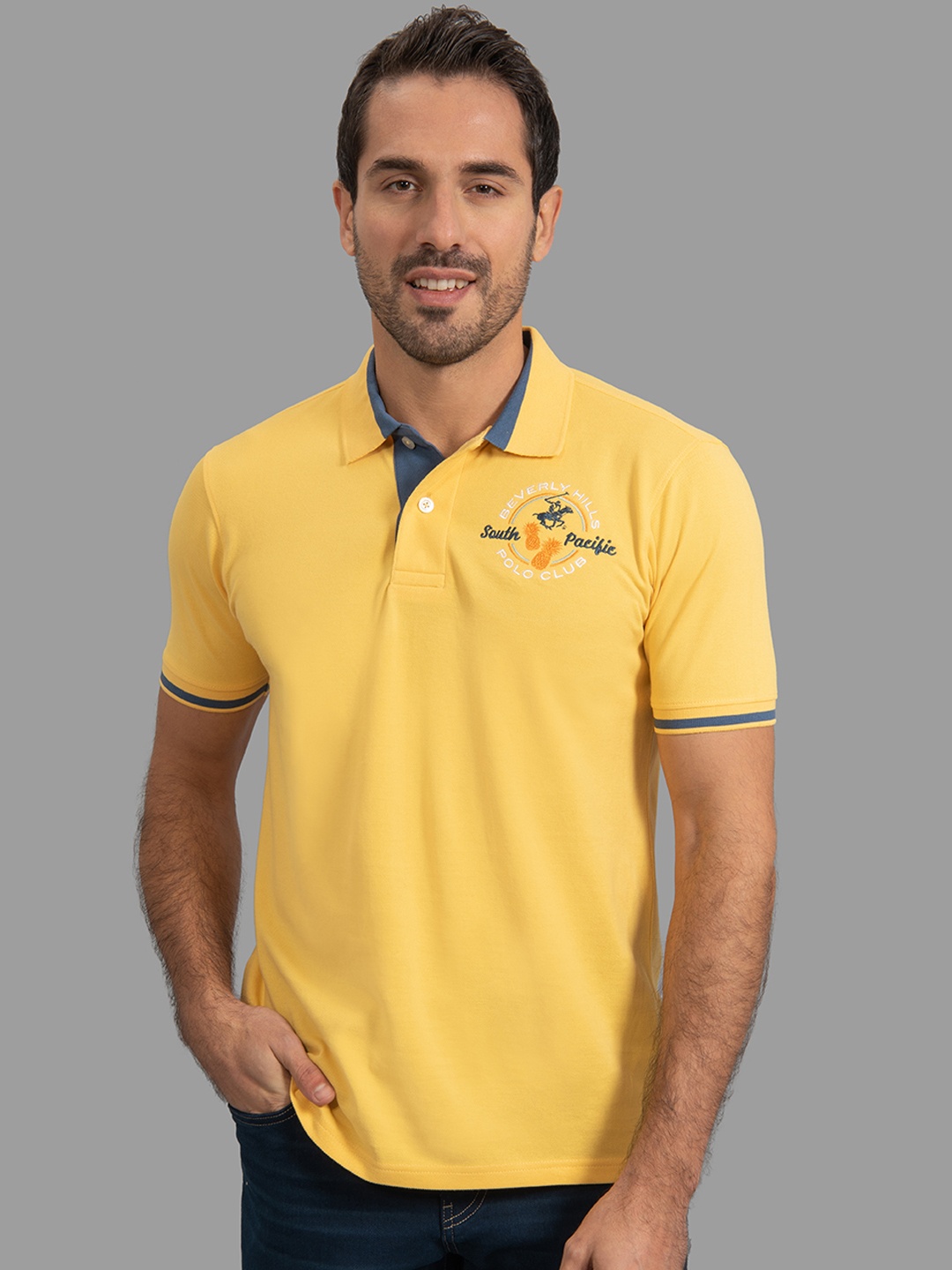 

Beverly Hills Polo Club Men Yellow Solid Polo Collar T-shirt