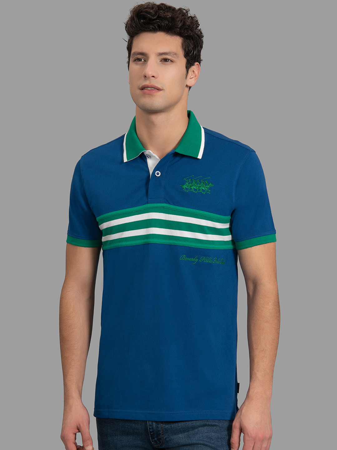 

Beverly Hills Polo Club Men Navy Blue & Green Striped Polo Collar T-shirt