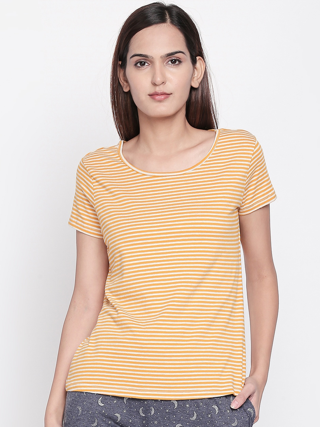 

Dreamz by Pantaloons Women Yellow Striped Lounge Tshirt