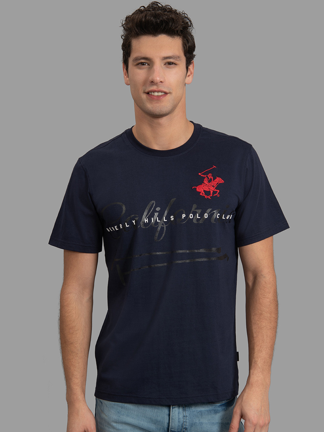

Beverly Hills Polo Club Men Navy Blue & White Printed Round Neck T-shirt