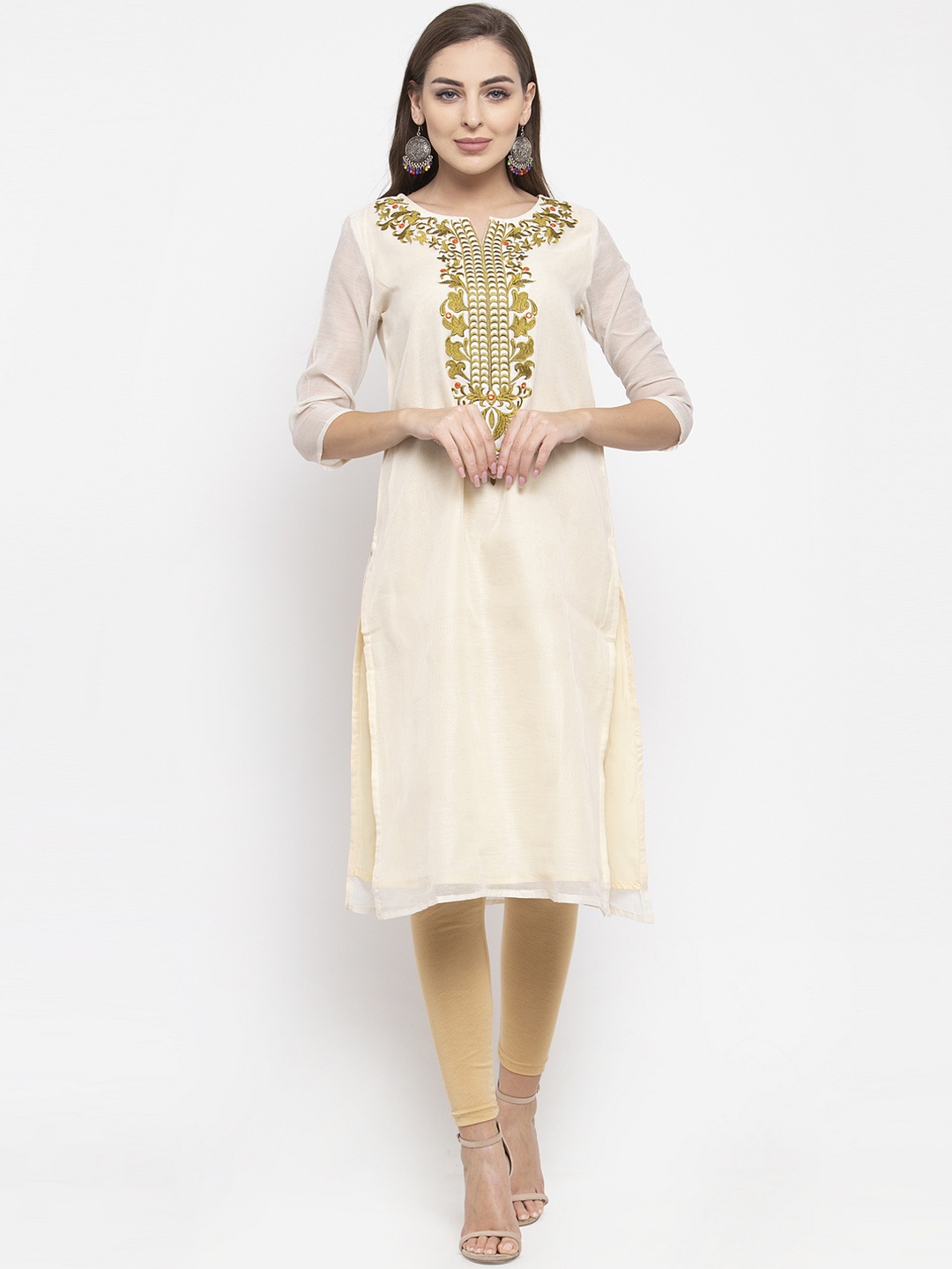 

Purple State Women Cream & Green Yoke Design Straight Kurta