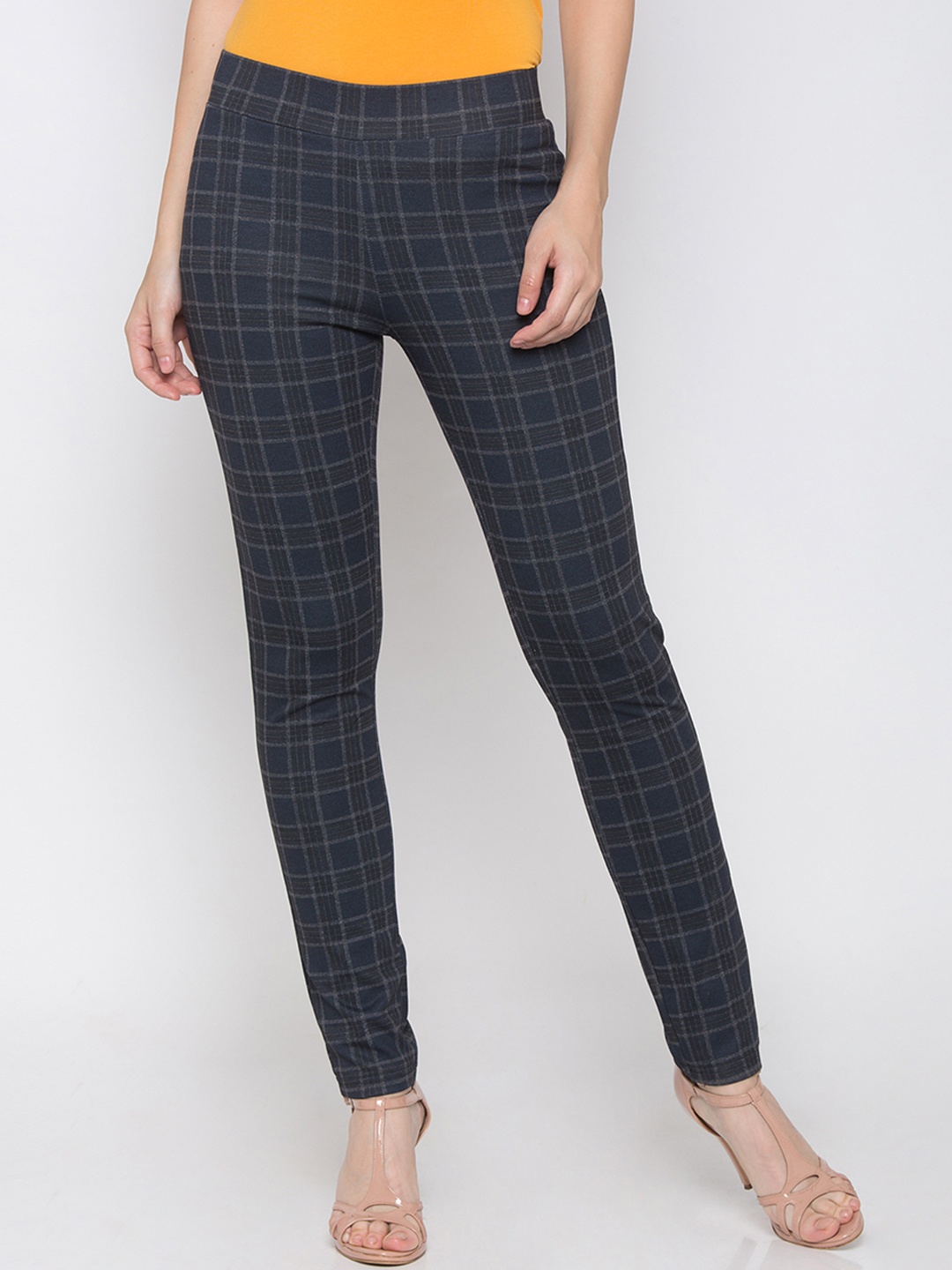 

Globus Women Navy Blue & Black Checked Skinny-Fit Jeggings