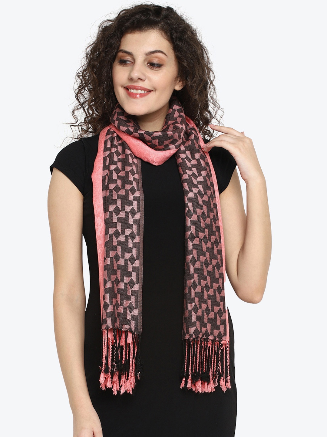 

Aditi Wasan Women Coral Pink & Black Woven Design Stole