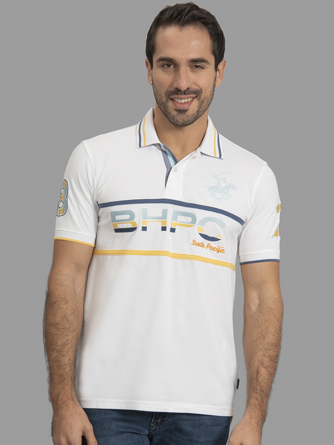 

Beverly Hills Polo Club Men White & Blue Printed Polo Collar T-shirt
