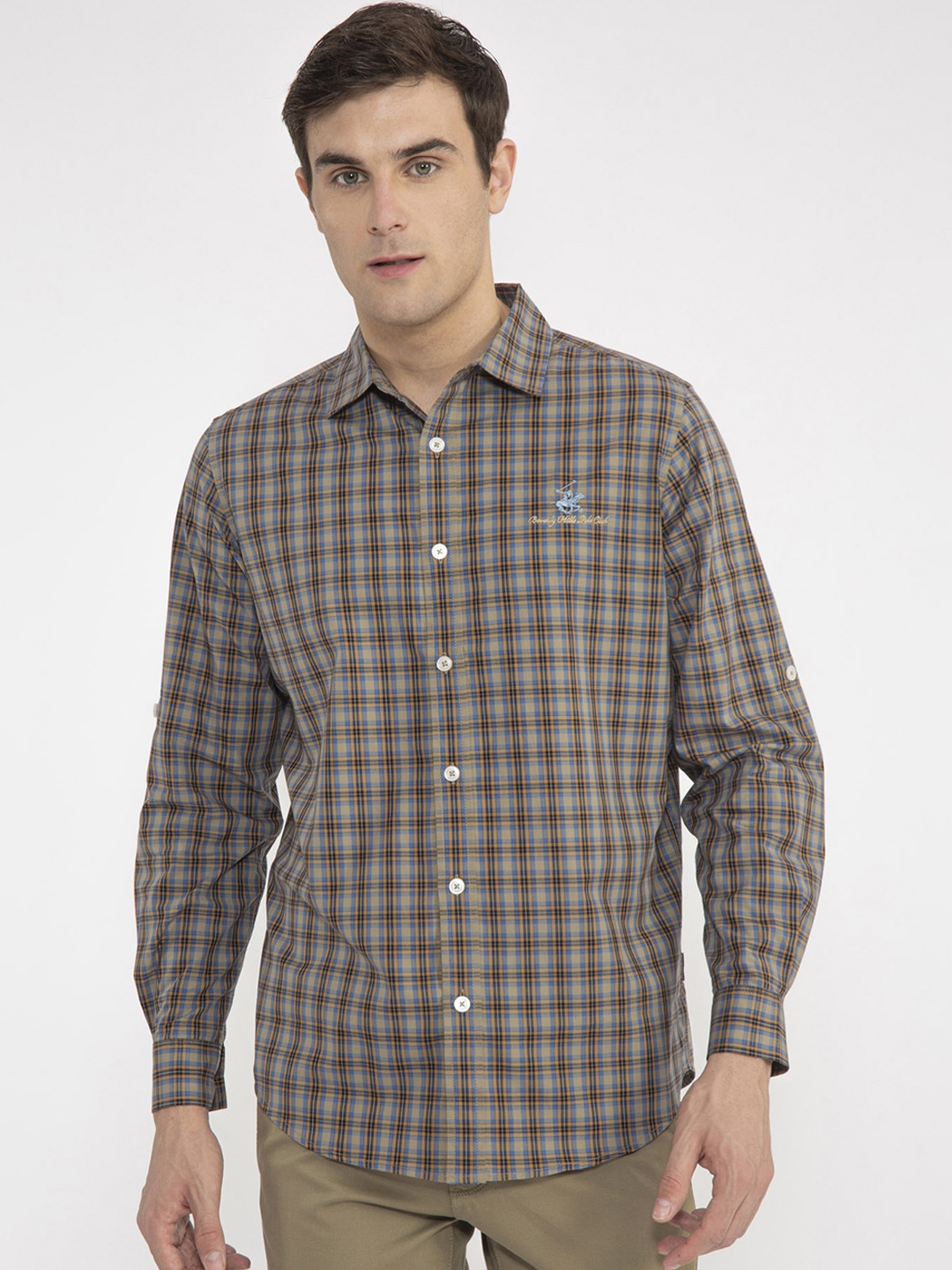 

Beverly Hills Polo Club Men Taupe & Blue Regular Fit Checked Formal Shirt