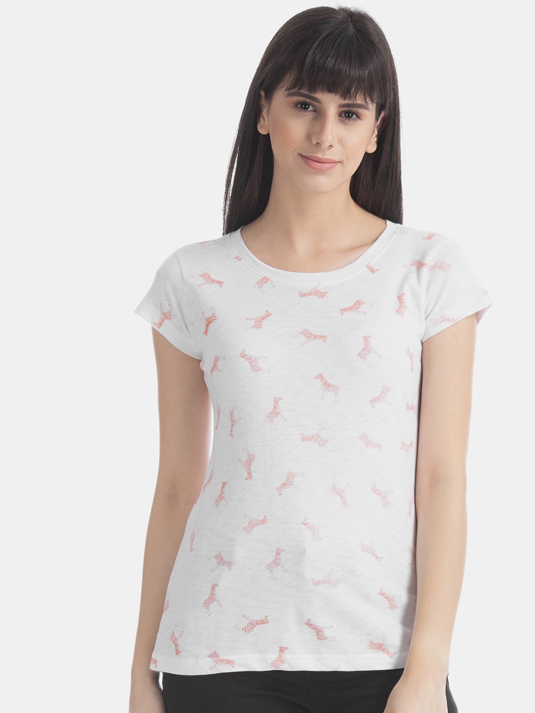 

Sugr Women White Printed Round Neck Pure Cotton T-shirt