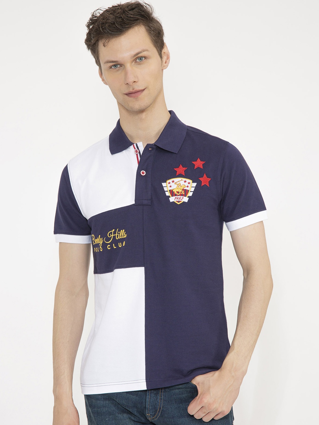 

Beverly Hills Polo Club Men Navy Blue & White Colourblocked Polo Collar T-shirt