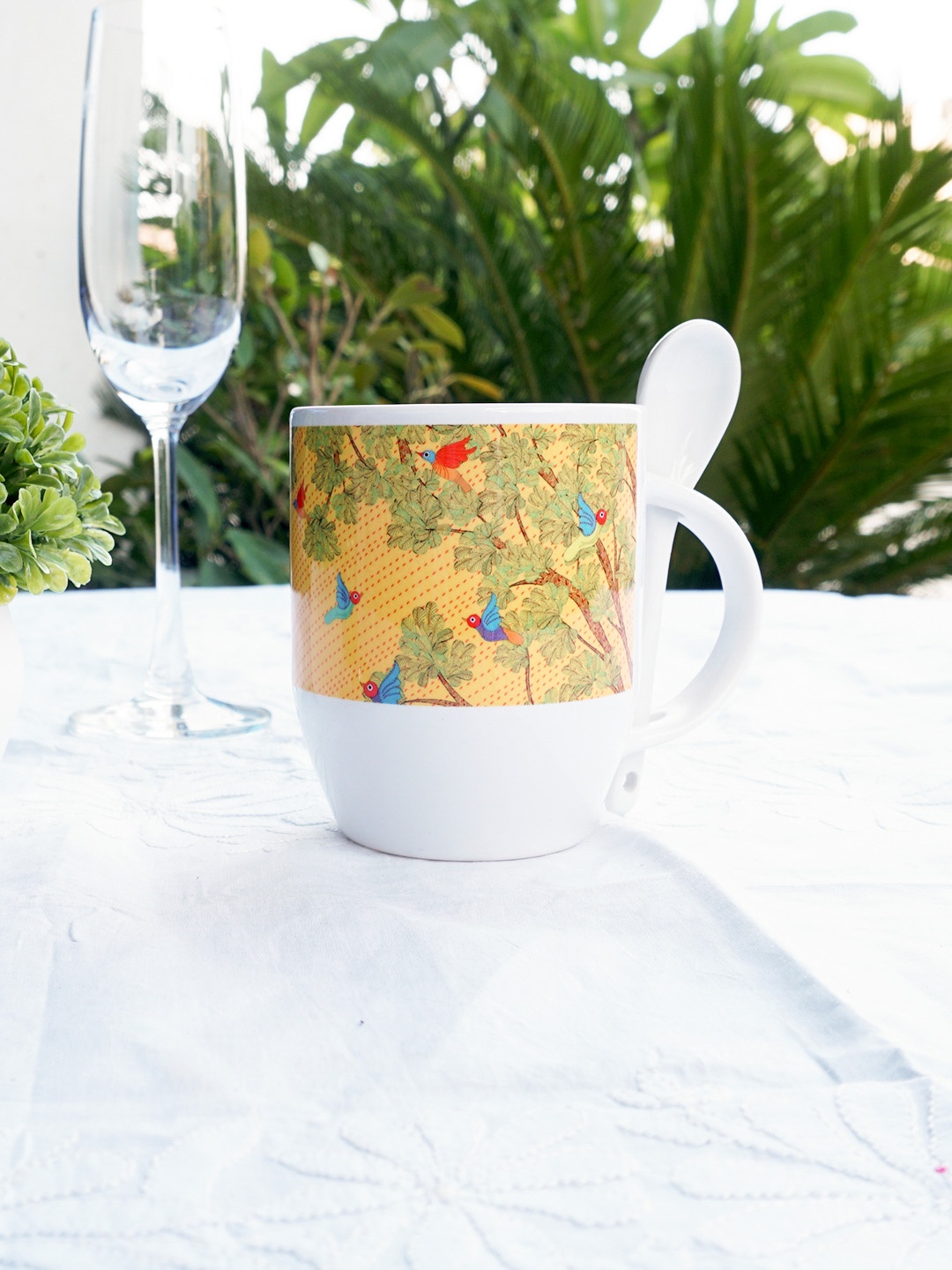 

KOLOROBIA White & Yellow Gond Art Printed Spoon Mug