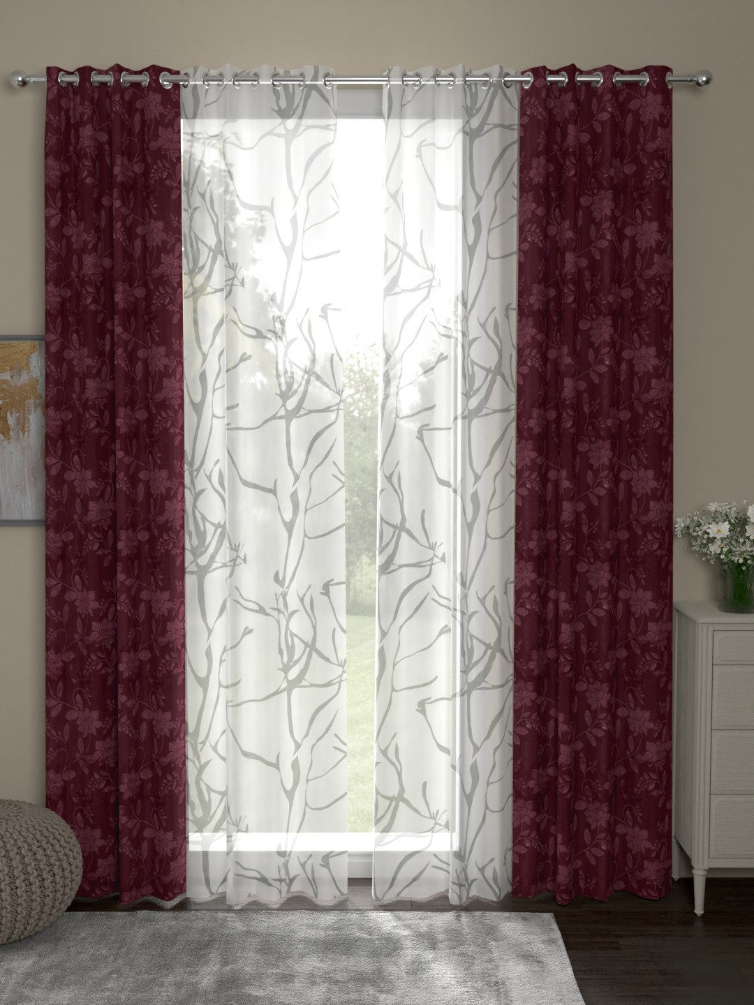 

ROSARA HOME Maroon & White Set of 4 Door Curtains