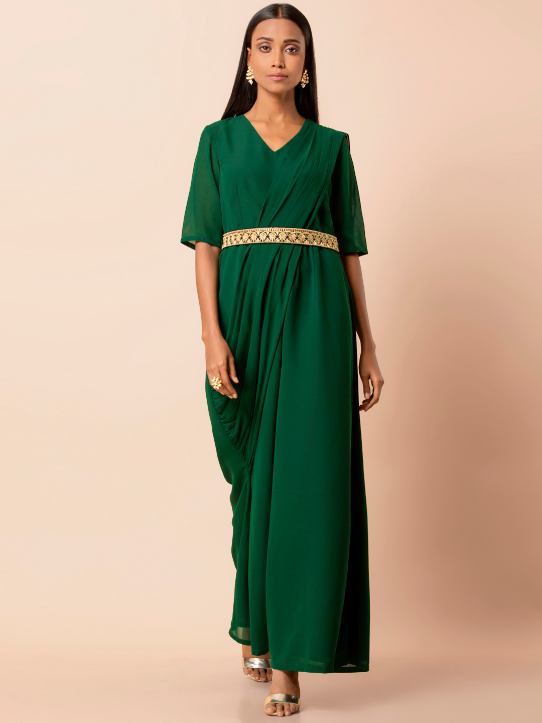 

INDYA Women Green Solid Basic Jumpsuit with Attached Dupatta