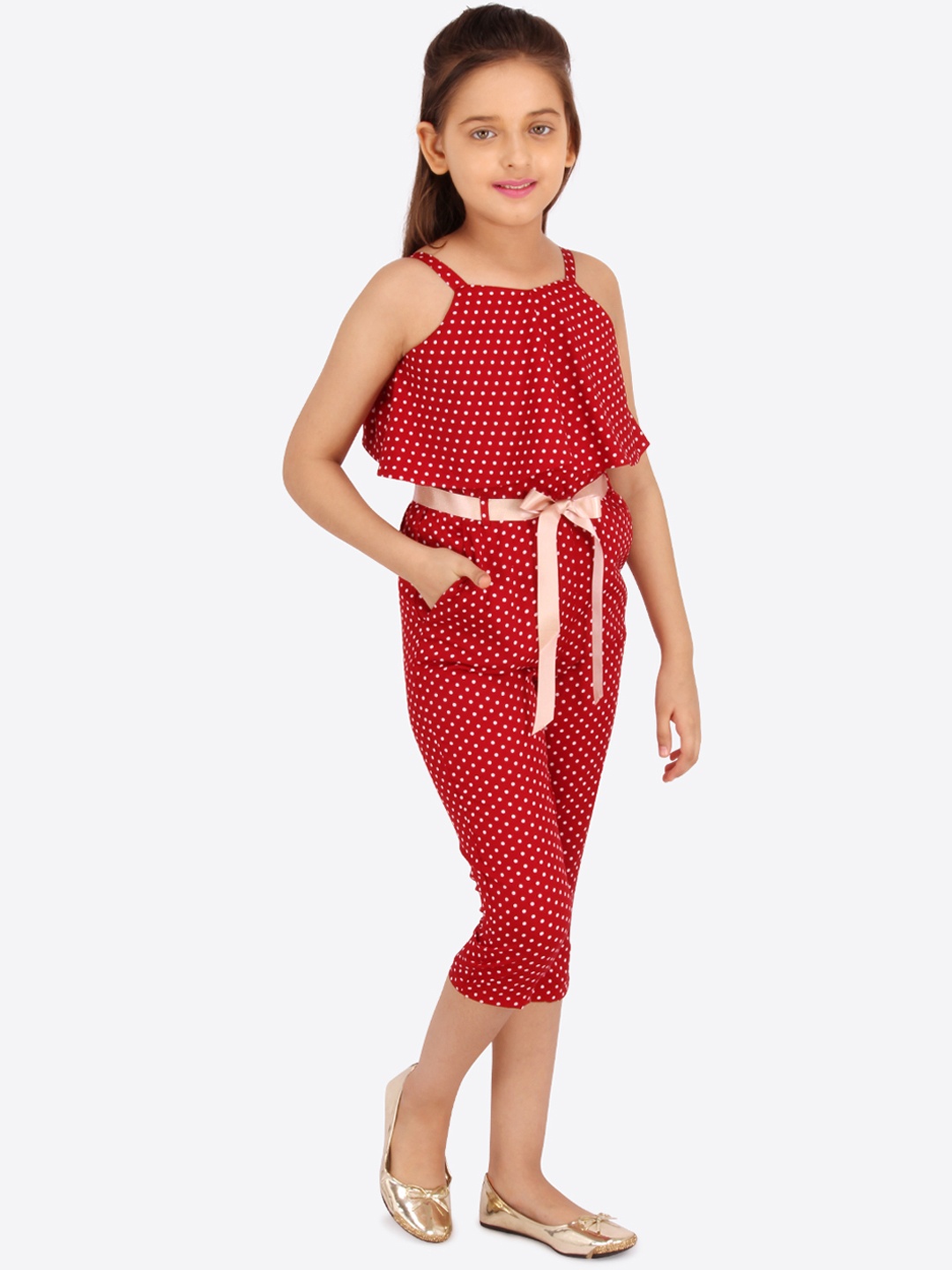 CUTECUMBER Girls Maroon Printed Culotte Jumpsuit
