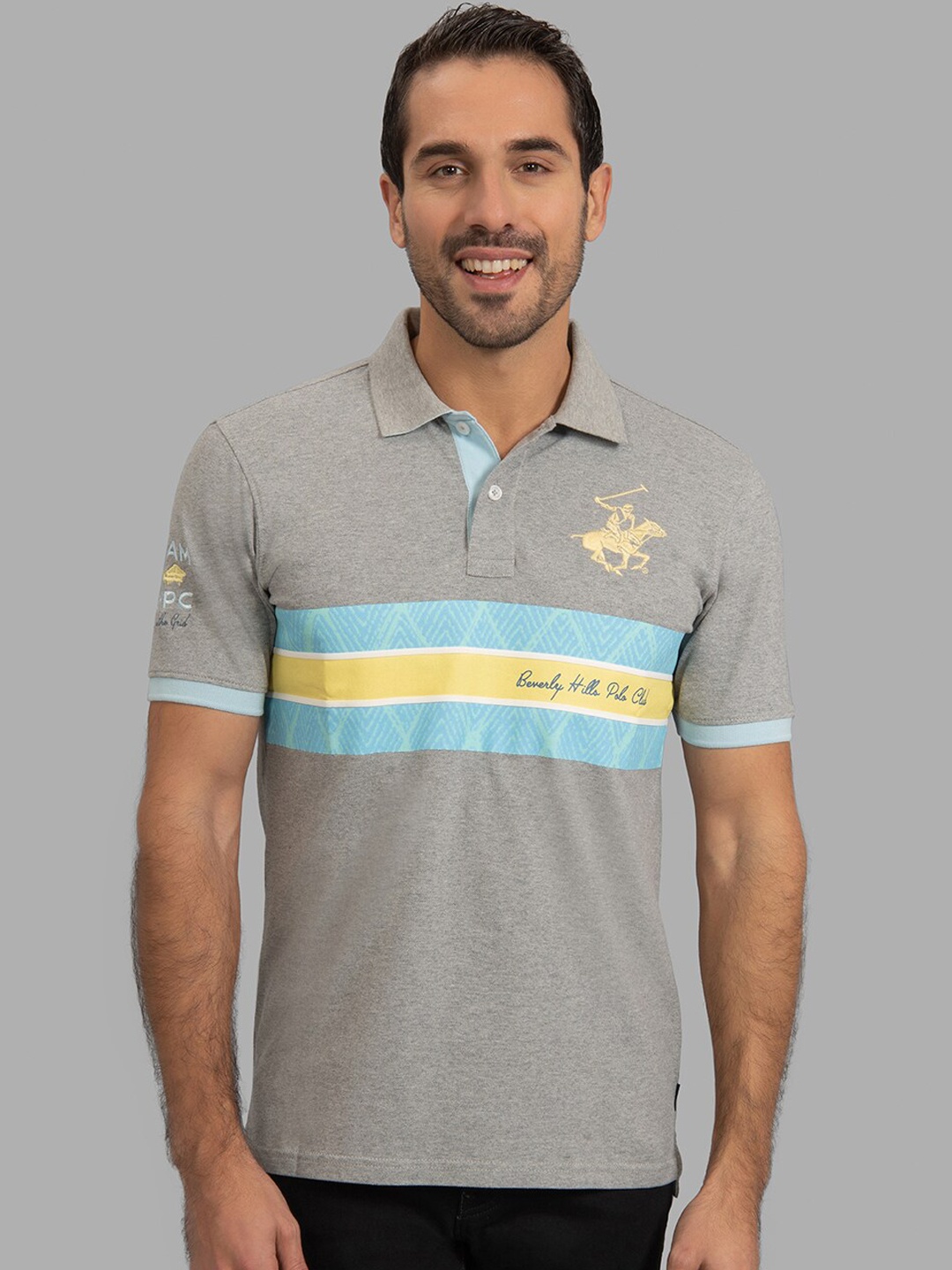 

Beverly Hills Polo Club Men Grey & Yellow Striped Polo Collar T-shirt