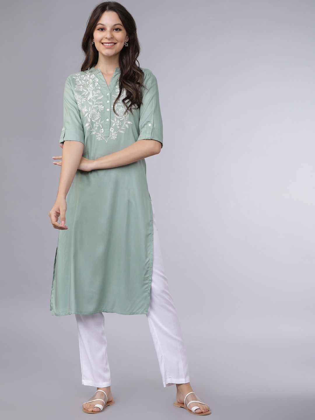 

Vishudh Women Sage Green & White Yoke Design Straight Kurta