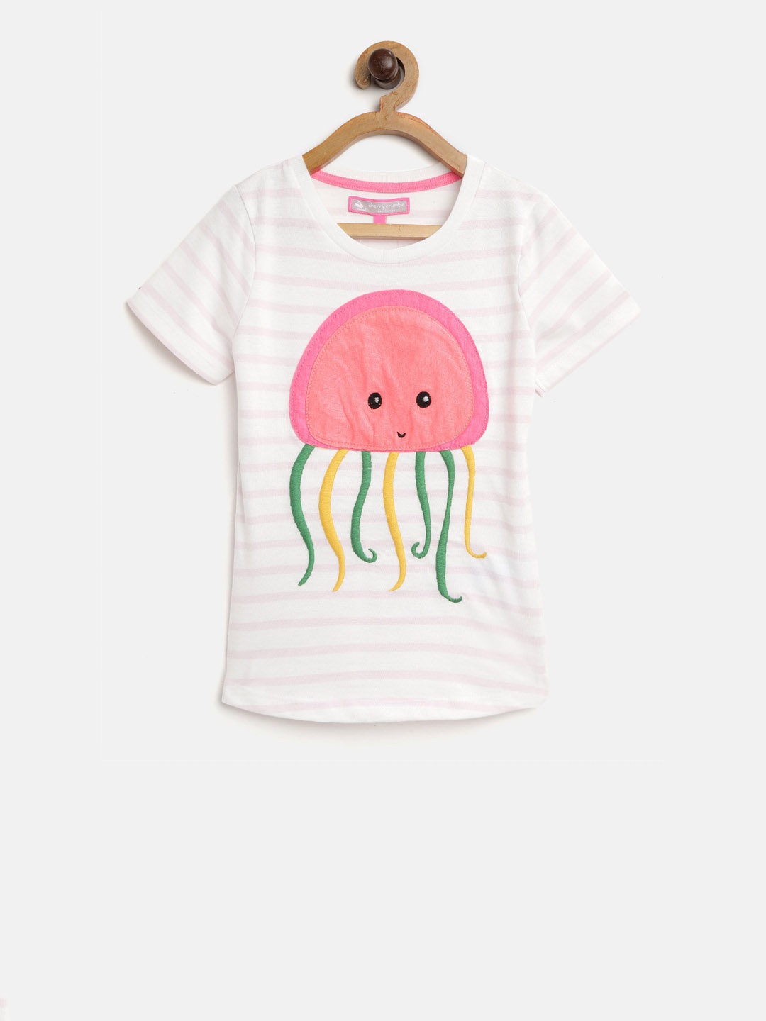 Cherry Crumble Girls White & Pink Striped Round Neck T-shirt