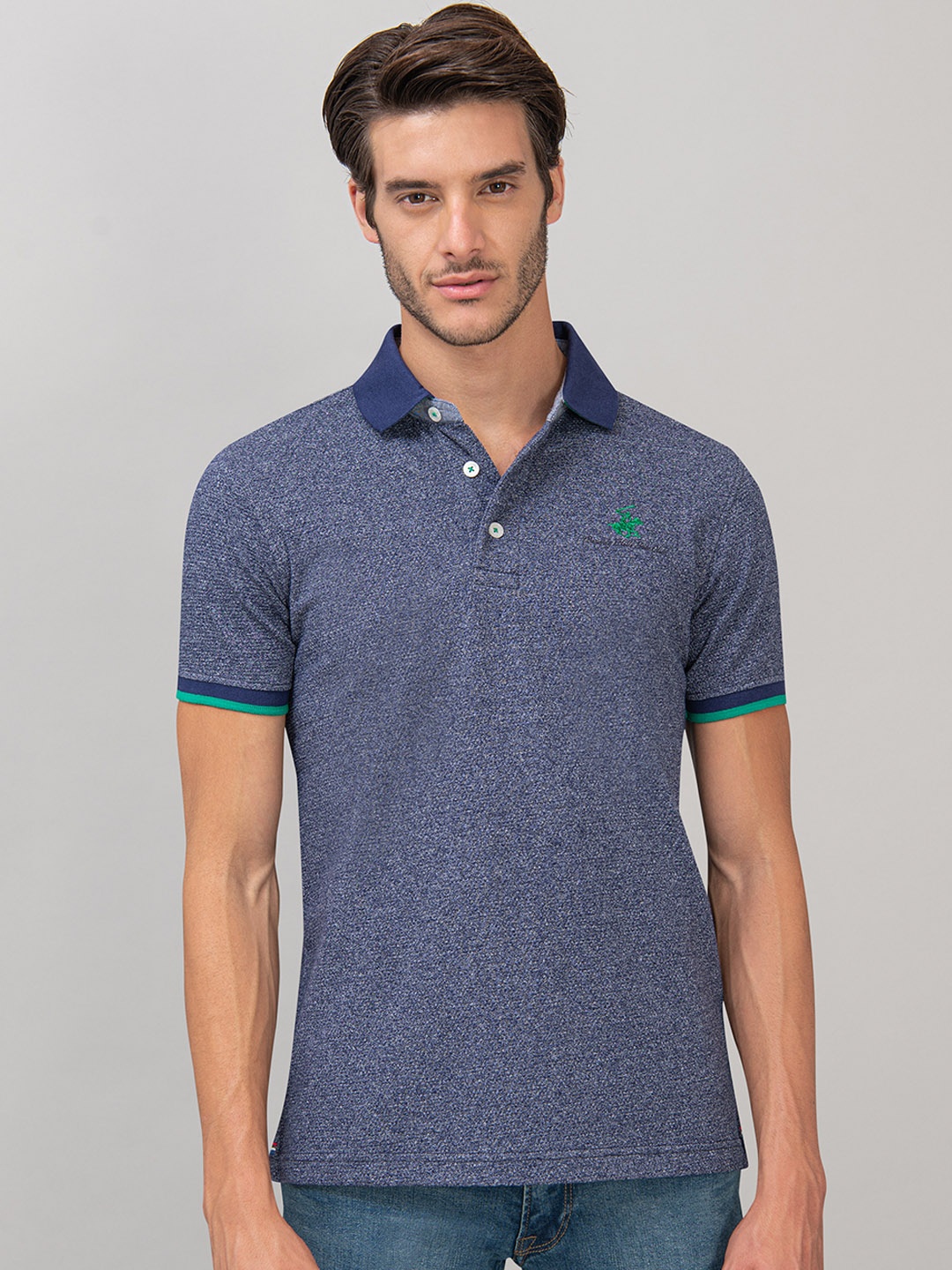 

Beverly Hills Polo Club Men Navy Blue Solid Polo Collar T-shirt