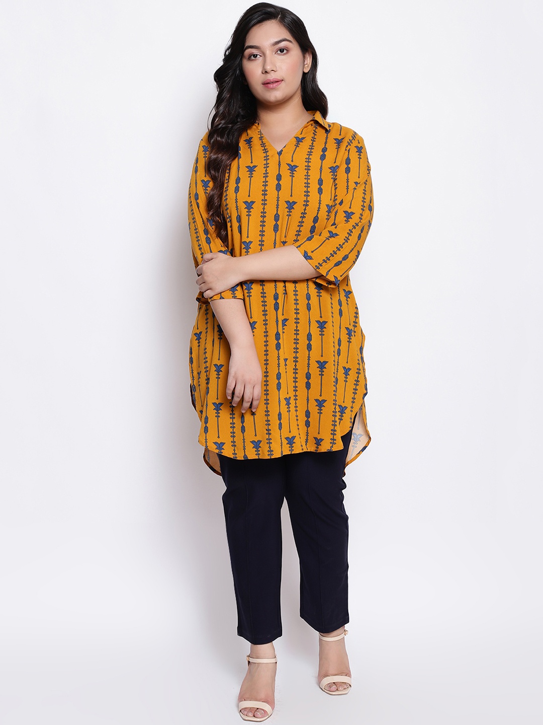 

Amydus Women Plus Size Yellow And Blue Printed Longline Kurti