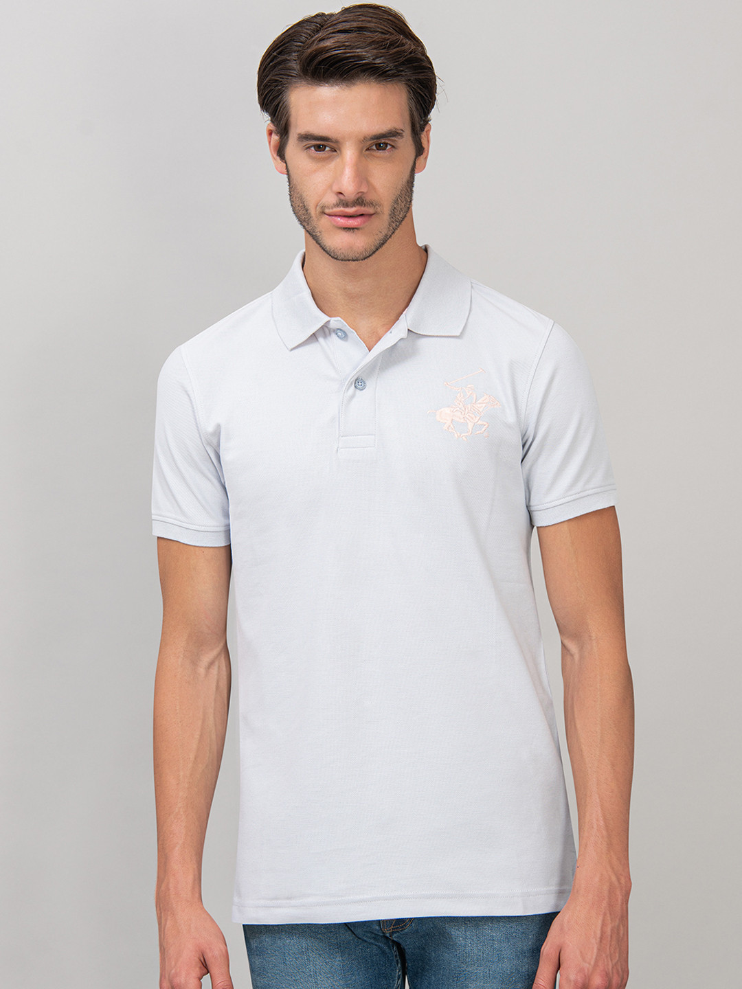 

Beverly Hills Polo Club Men Grey Solid Polo Collar T-shirt