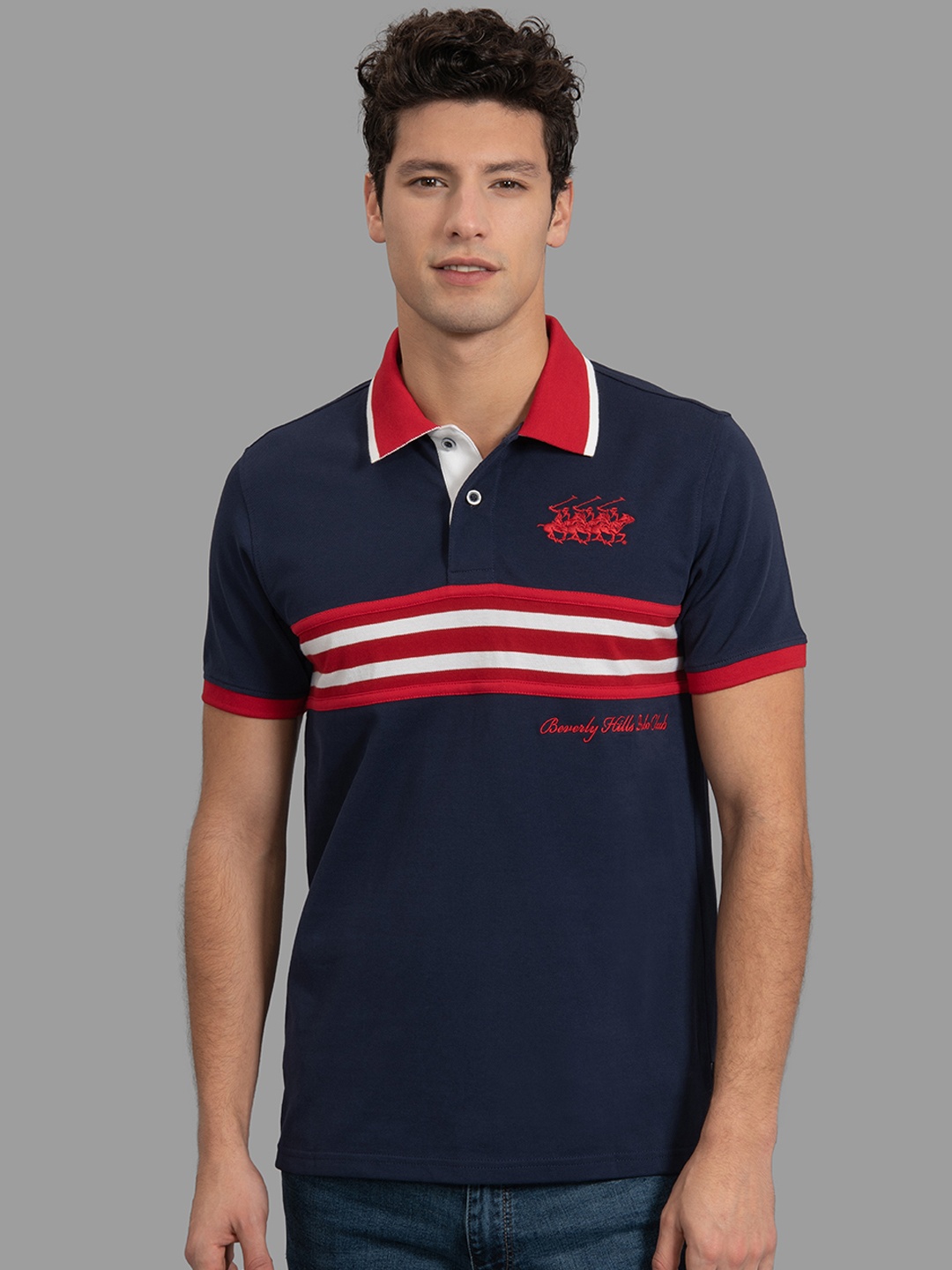 

Beverly Hills Polo Club Men Navy Blue & White Striped Polo Collar T-shirt