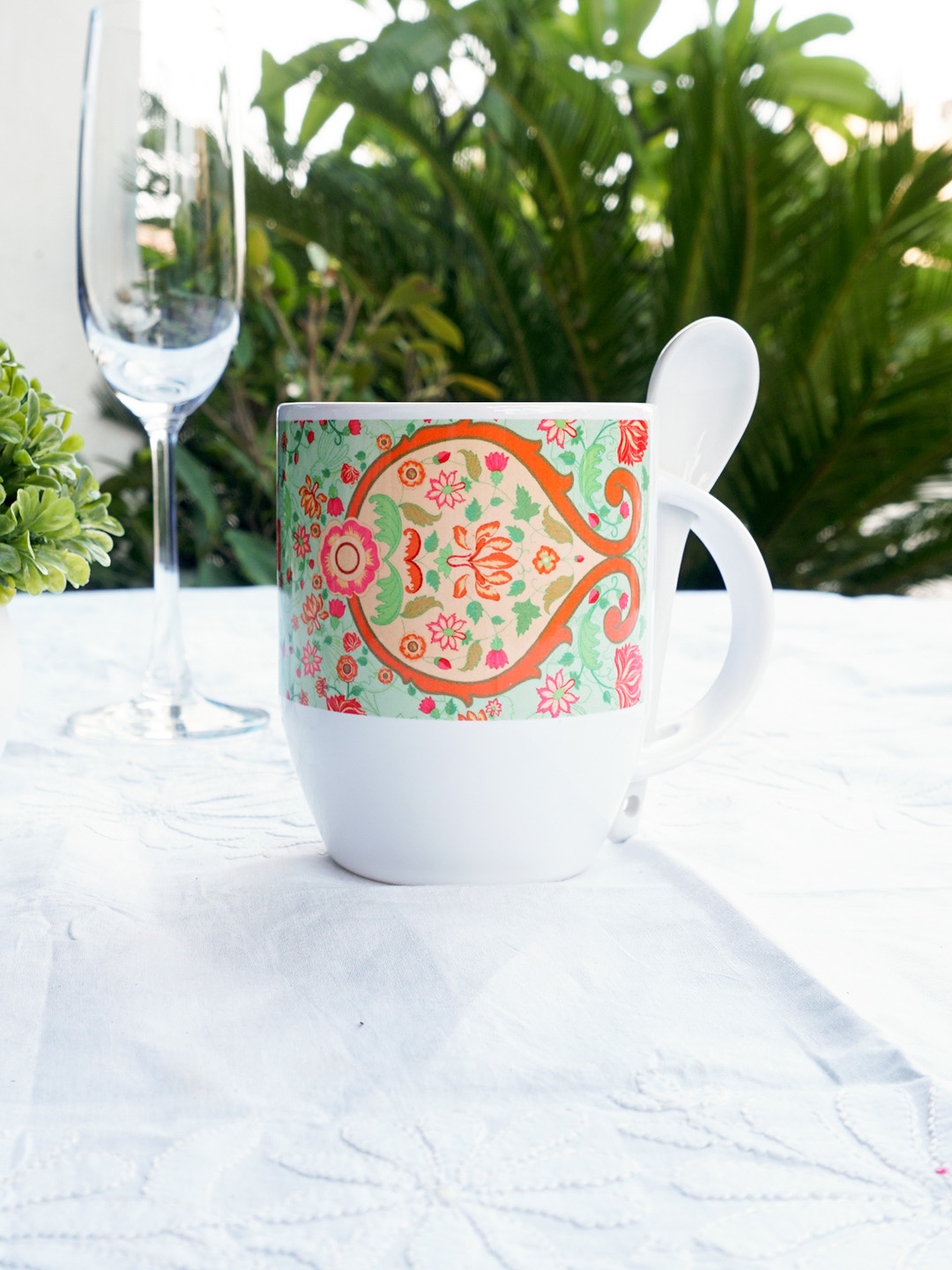 KOLOROBIA Green & Orange Ornate Mughal Spoon Mug with Spoon
