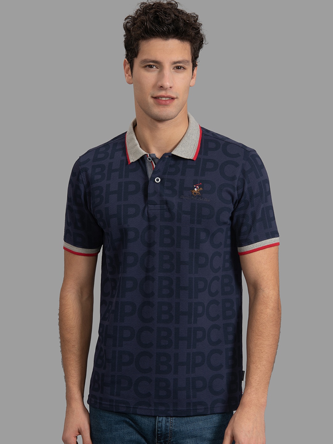 

Beverly Hills Polo Club Men Navy Blue Printed Polo Collar T-shirt