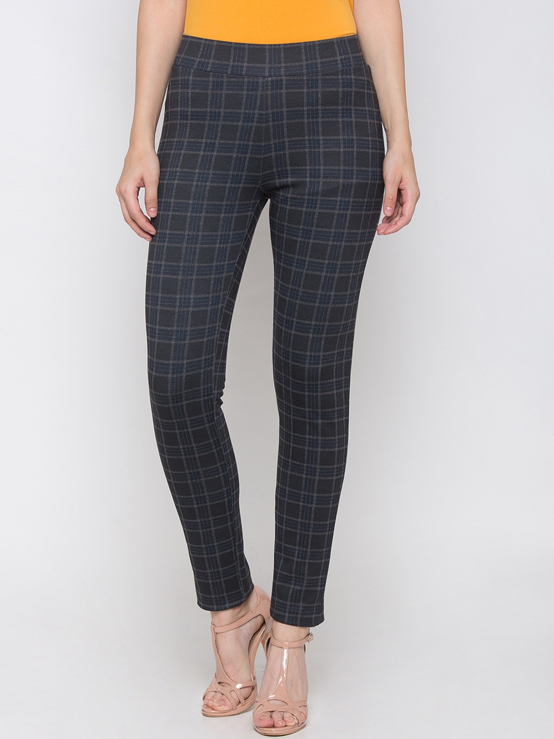 

Globus Women Black & Blue Checked Skinny-Fit Treggings