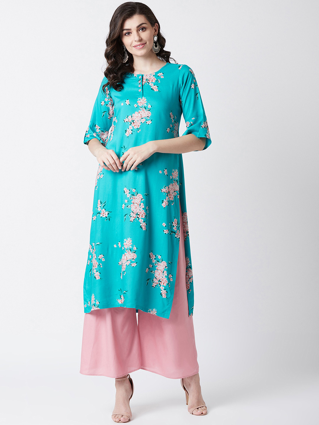 

Tissu Women Turquoise Blue & Pink Printed Kurta with Palazzos