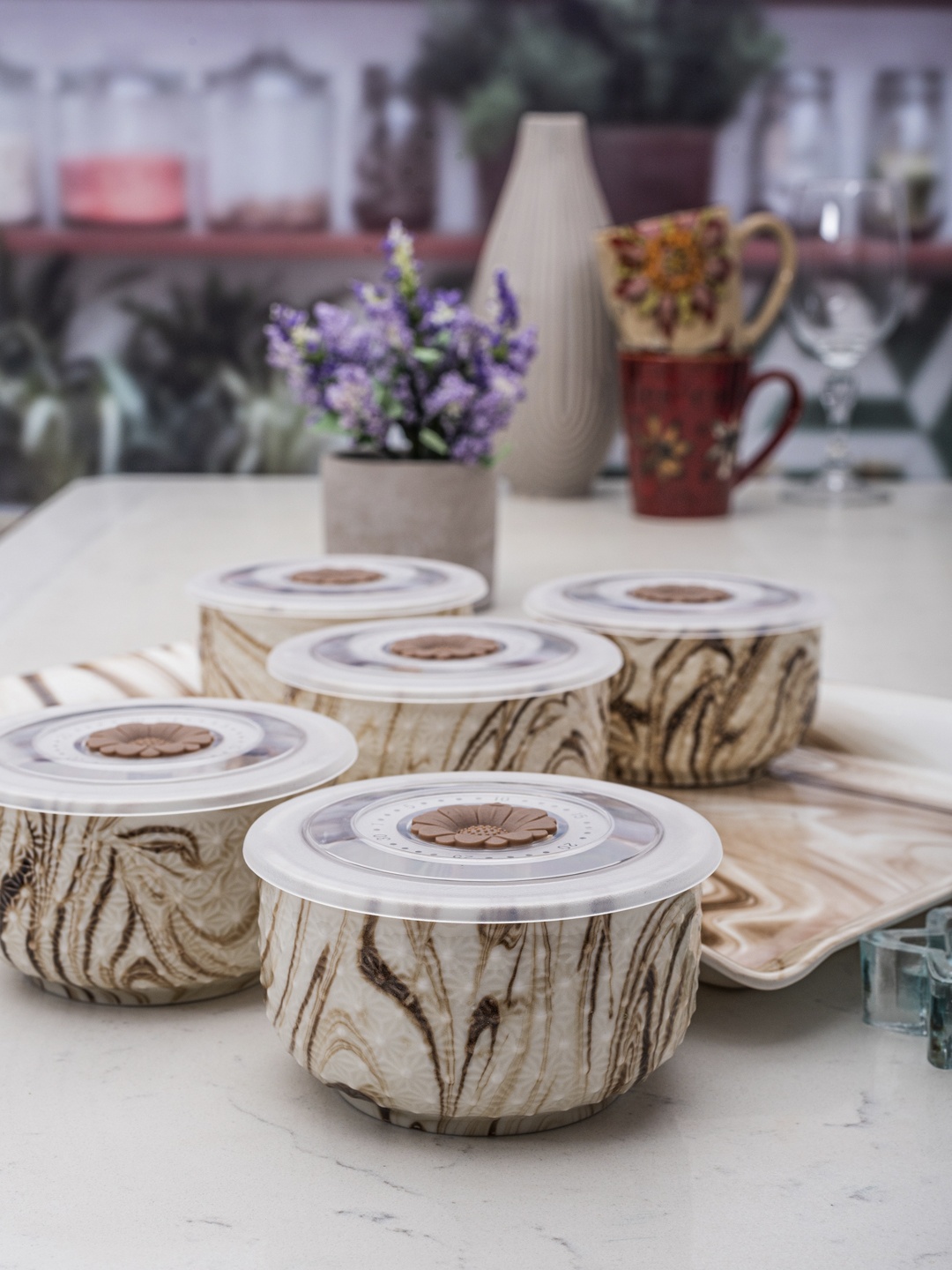 

White Gold White & Brown 7-Pieces Textured Porcelain Bowls Set