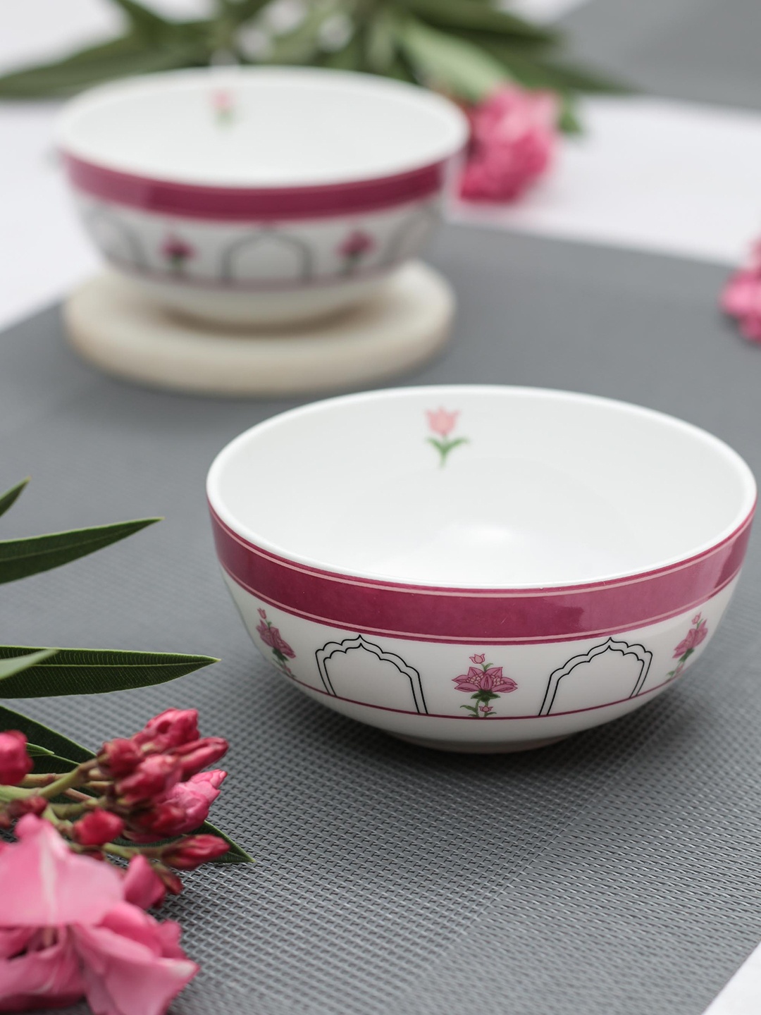 

India Circus Set Of 6 White & Pink Floral Printed Ceramic Designer Bowls