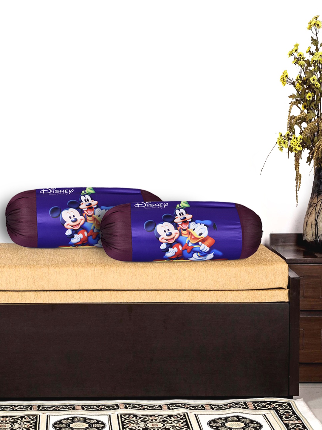 

Kuber Industries Set Of 2 Blue & Burgundy Mickey & Friends Printed Bolster Covers