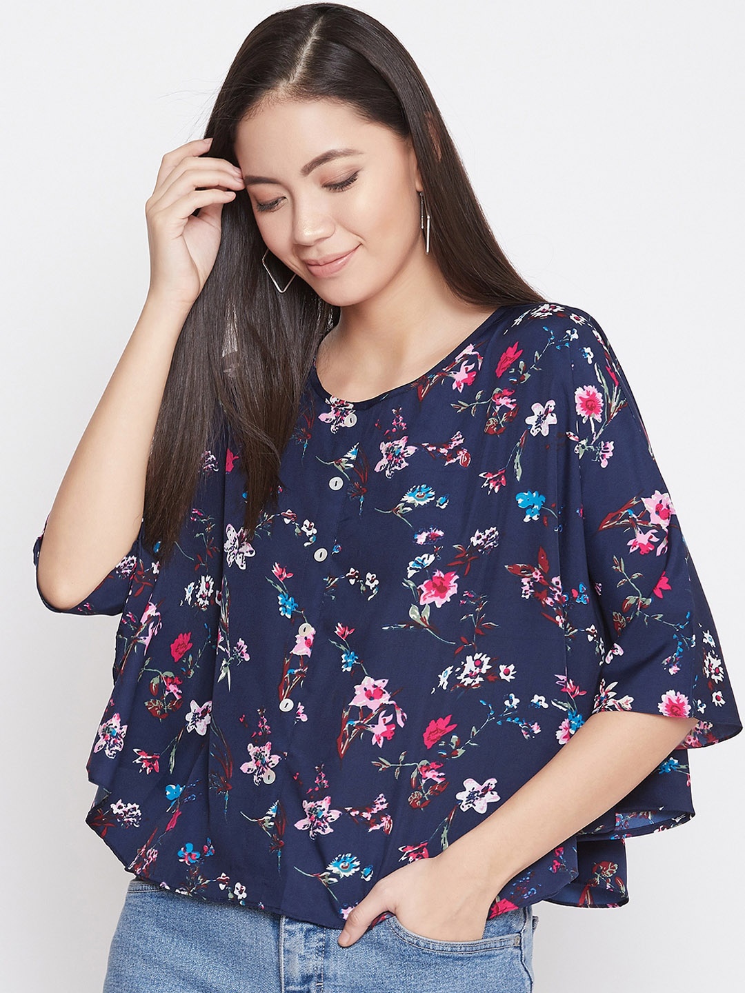 Uptownie Lite Women Navy Blue Floral Print Cape Top