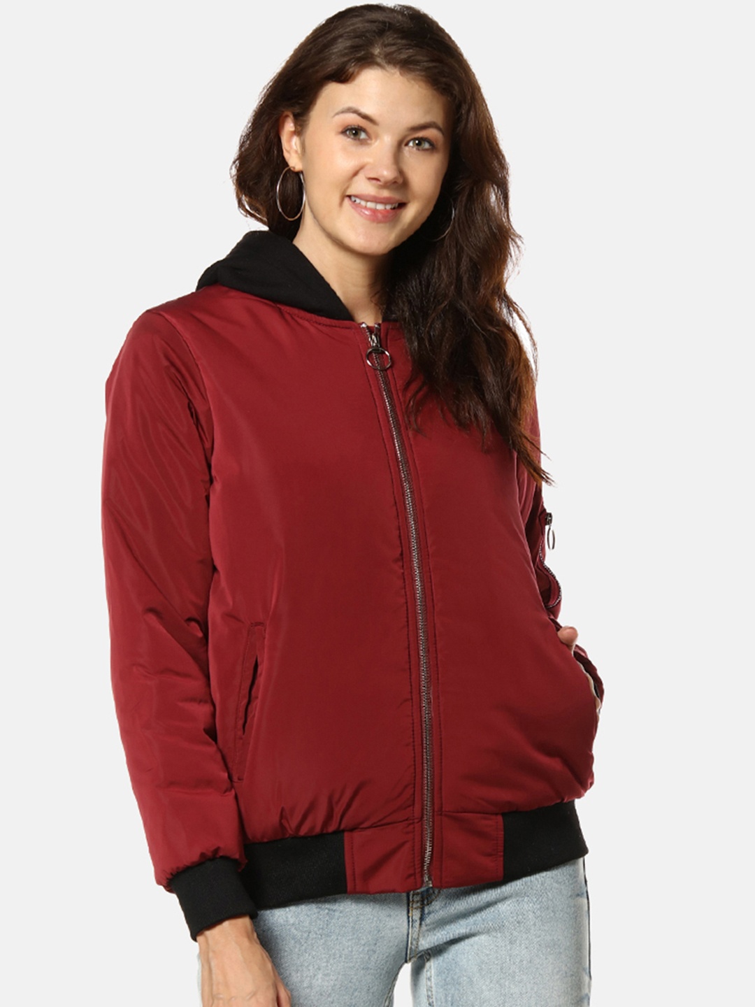 Campus Sutra Women Solid Bomber Jacket, Red