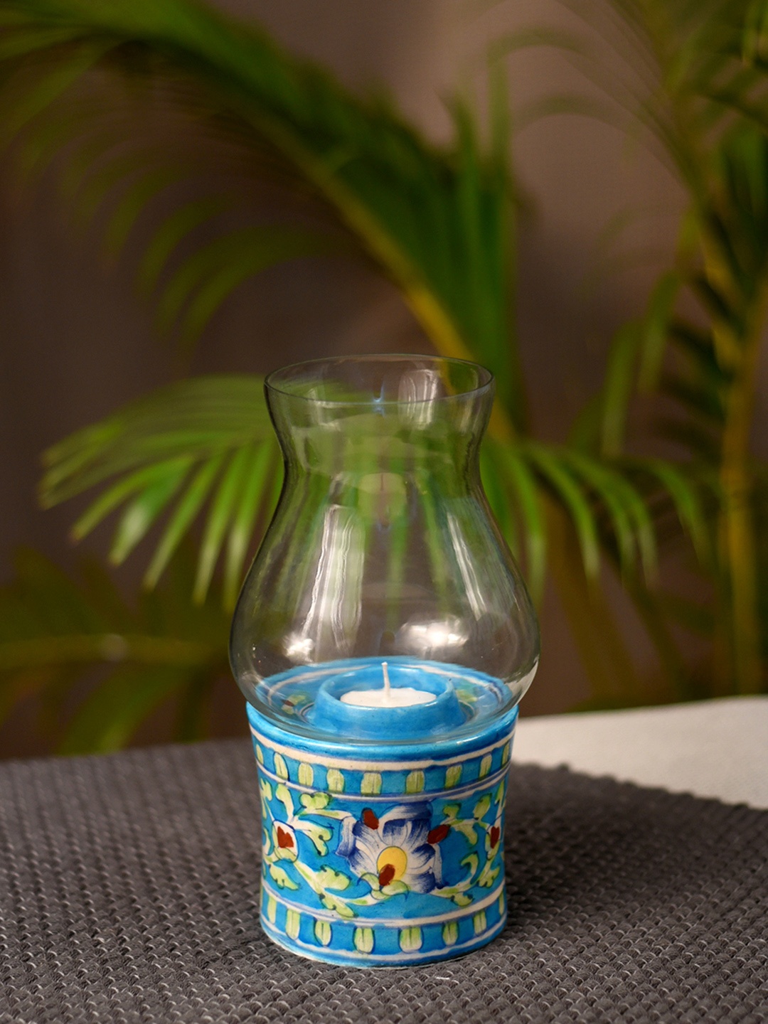 Unravel India Blue Printed Glass Candle Light Holder