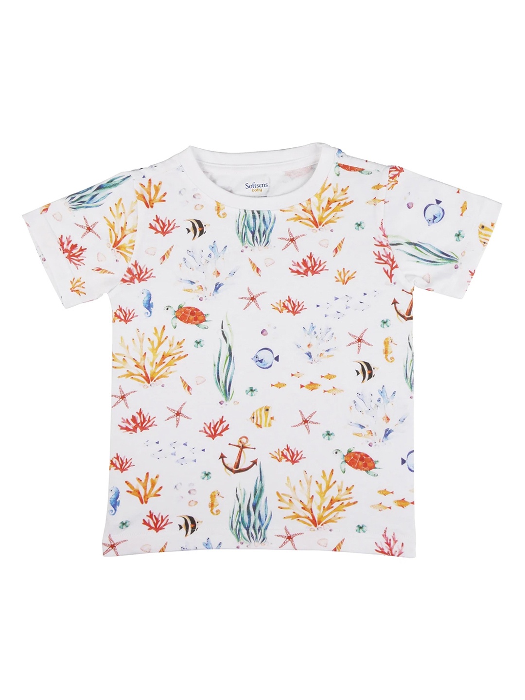 

Softsens Unisex Kids White Organic Cotton Printed Round Neck Sustainable T-shirt