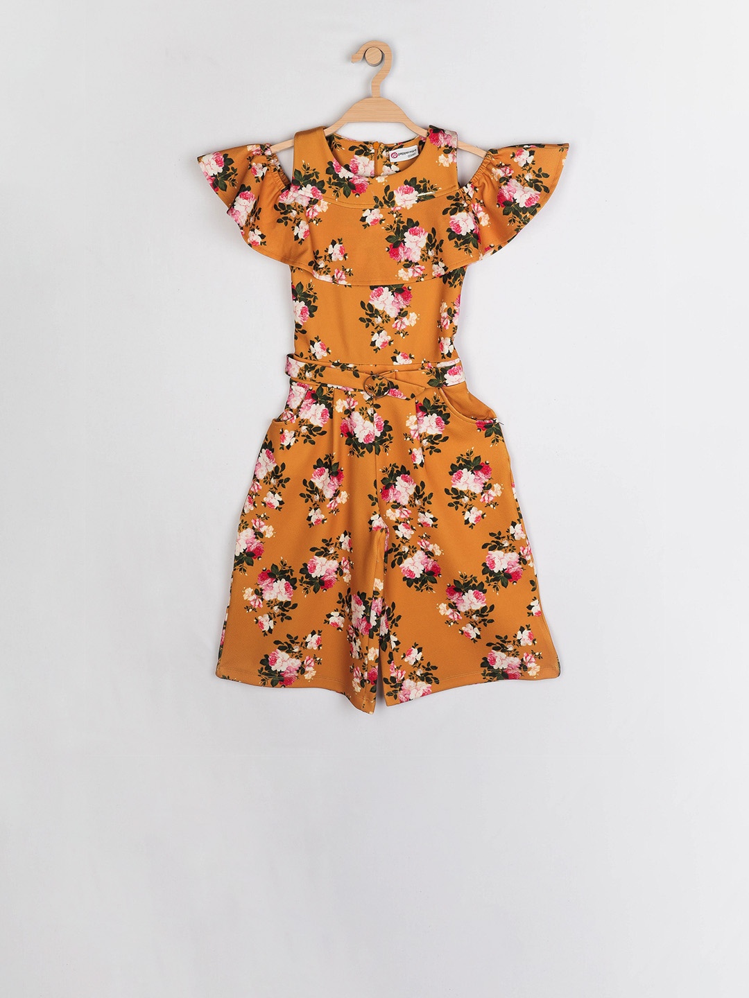 

Peppermint Girls Mustard Yellow & Pink Printed Basic Jumpsuit