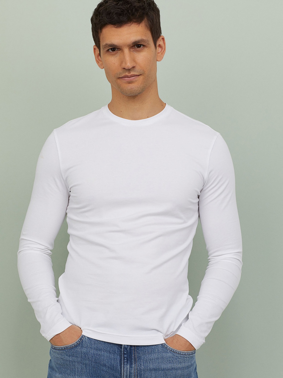 

H&M Men White Solid Jersey Top Slim Fit